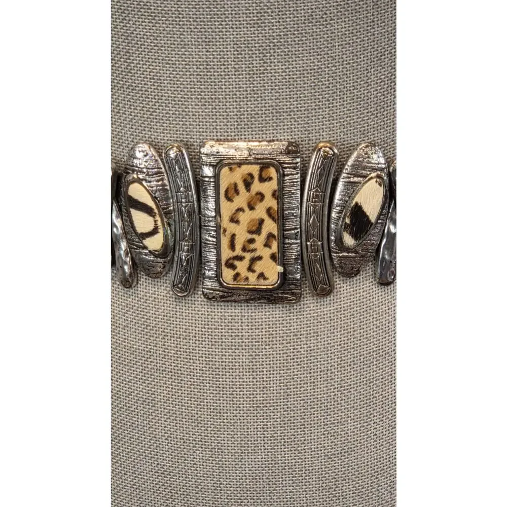 Chico’s Black Snake Embossed Leather Belt Animal Hair Abstract Silver Buckle S